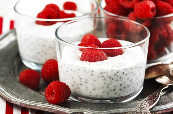 Yogur con semillas de chía y frambuesas frescas para un desayuno saludable — Foto de Stock