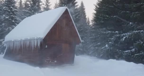 Kışın kar fırtınası sırasında ahşap kulübe.. — Stok video