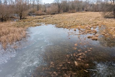 Frozen floodplain from drone perspective in winter.