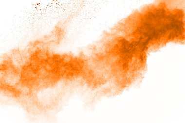 Beyaz arka planda turuncu toz patlaması. Renkli bulut. Renkli toz patlar. Boya Holi.