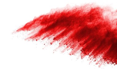 Beyaz arka planda izole edilmiş kırmızı barutun patlaması hareketsiz. Kırmızı toz bulutunun soyut tasarımı. Parçacık patlaması ekran koruyucusu, duvar kağıdı