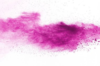 Beyaz arka planda pembe toz patlaması. Renkli bulut. Renkli toz patlar. Boya Holi.