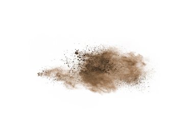 Beyaz arka planda kahverengi renkli toz patlaması. Renkli bulut. Renkli toz patlar. Boya Holi.