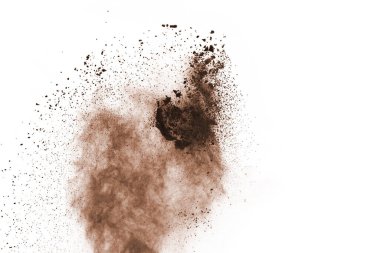 Beyaz arka planda kahverengi renkli toz patlaması. Renkli bulut. Renkli toz patlar. Boya Holi.