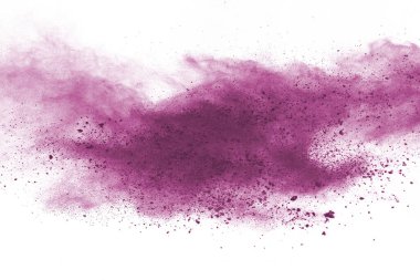 Beyaz arka planda pembe toz patlaması. Renkli bulut. Renkli toz patlar. Boya Holi.