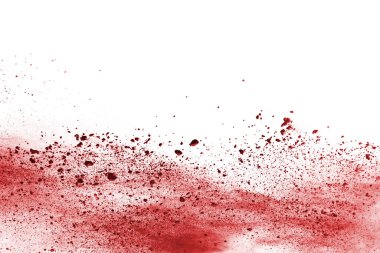 Beyaz arka planda izole edilmiş kırmızı barutun patlaması hareketsiz. Kırmızı toz bulutunun soyut tasarımı. Parçacık patlaması ekran koruyucusu, duvar kağıdı