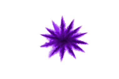 Barut patlaması. Mor toz parçacığının beyaza izole edilmiş görüntüsü. Soyut arkaplan.