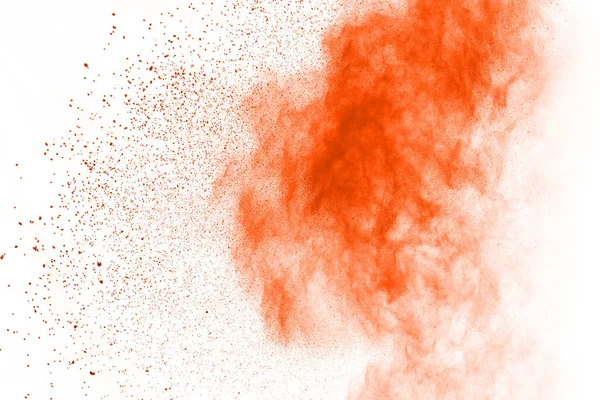 Explosion Von Orangenpulver Auf Weißem Hintergrund Farbige Wolke Bunter Staub — Stockfoto
