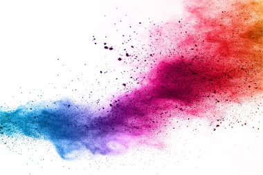 Soyut barut sıçramış arka plan. Beyaz arka planda renkli barut patlaması. Renkli bulut. Renkli toz patlar. Boya Holi.