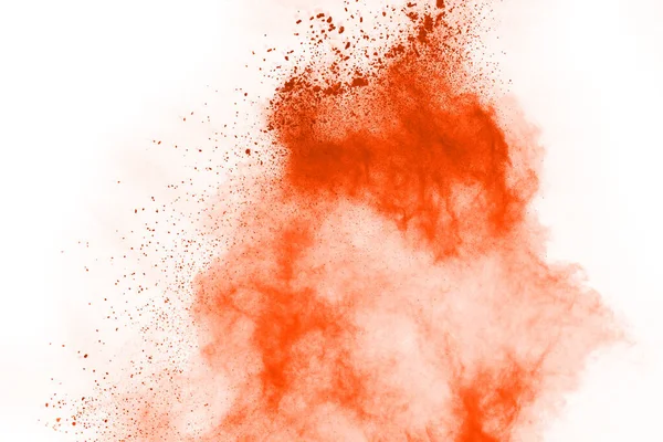 Orange Pulver Explosion Vit Bakgrund Färgat Moln Färgstarkt Damm Exploderar — Stockfoto