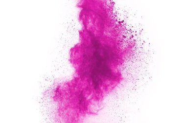 Soyut pembe toz sıçramış arkaplan, patlayan renk tozunun hareketsiz hareketi / renk pudrası, beyaz arkaplanda renk parıltısı dokusu.