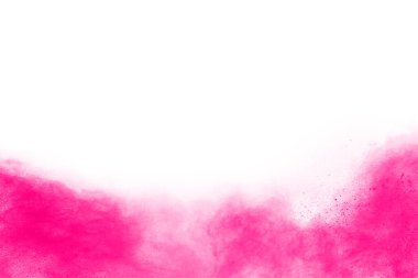 Soyut pembe toz sıçramış arkaplan, patlayan renk tozunun hareketsiz hareketi / renk pudrası, beyaz arkaplanda renk parıltısı dokusu.