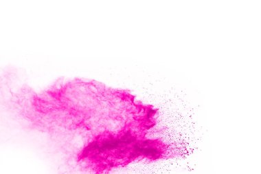 Soyut pembe toz sıçramış arkaplan, patlayan renk tozunun hareketsiz hareketi / renk pudrası, beyaz arkaplanda renk parıltısı dokusu.