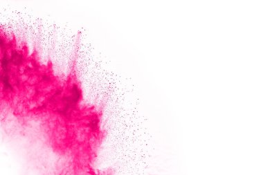 Soyut pembe toz sıçramış arkaplan, patlayan renk tozunun hareketsiz hareketi / renk pudrası, beyaz arkaplanda renk parıltısı dokusu.