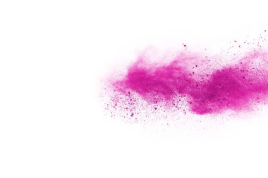 Soyut pembe toz sıçramış arkaplan, patlayan renk tozunun hareketsiz hareketi / renk pudrası, beyaz arkaplanda renk parıltısı dokusu.