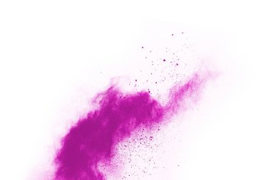 Soyut pembe toz sıçramış arkaplan, patlayan renk tozunun hareketsiz hareketi / renk pudrası, beyaz arkaplanda renk parıltısı dokusu.