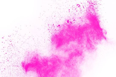 Soyut pembe toz sıçramış arkaplan, patlayan renk tozunun hareketsiz hareketi / renk pudrası, beyaz arkaplanda renk parıltısı dokusu.