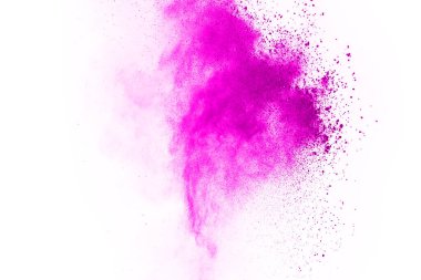 Soyut pembe toz sıçramış arkaplan, patlayan renk tozunun hareketsiz hareketi / renk pudrası, beyaz arkaplanda renk parıltısı dokusu.