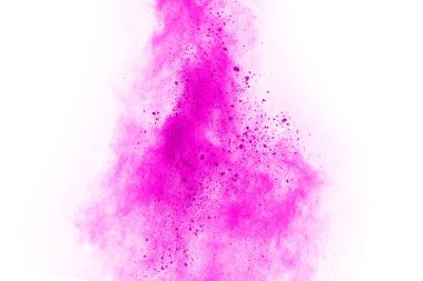Soyut pembe toz sıçramış arkaplan, patlayan renk tozunun hareketsiz hareketi / renk pudrası, beyaz arkaplanda renk parıltısı dokusu.