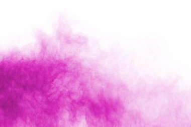 Soyut pembe toz sıçramış arkaplan, patlayan renk tozunun hareketsiz hareketi / renk pudrası, beyaz arkaplanda renk parıltısı dokusu.