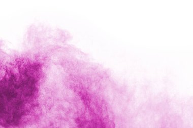 Soyut pembe toz sıçramış arkaplan, patlayan renk tozunun hareketsiz hareketi / renk pudrası, beyaz arkaplanda renk parıltısı dokusu.