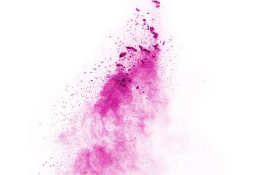 Soyut pembe toz sıçramış arkaplan, patlayan renk tozunun hareketsiz hareketi / renk pudrası, beyaz arkaplanda renk parıltısı dokusu.