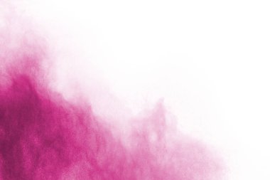 Soyut pembe toz sıçramış arkaplan, patlayan renk tozunun hareketsiz hareketi / renk pudrası, beyaz arkaplanda renk parıltısı dokusu.
