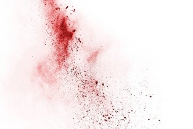 Beyaz arka planda izole edilmiş kırmızı barutun patlaması hareketsiz. Kırmızı toz bulutunun soyut tasarımı. Parçacık patlaması ekran koruyucusu, duvar kağıdı