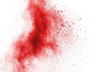 Beyaz arka planda izole edilmiş kırmızı barutun patlaması hareketsiz. Kırmızı toz bulutunun soyut tasarımı. Parçacık patlaması ekran koruyucusu, duvar kağıdı