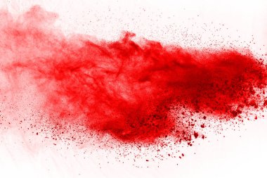 Beyaz arka planda izole edilmiş kırmızı barutun patlaması hareketsiz. Kırmızı toz bulutunun soyut tasarımı. Parçacık patlaması ekran koruyucusu, duvar kağıdı