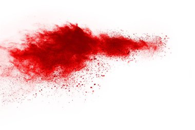 Beyaz arka planda izole edilmiş kırmızı barutun patlaması hareketsiz. Kırmızı toz bulutunun soyut tasarımı. Parçacık patlaması ekran koruyucusu, duvar kağıdı