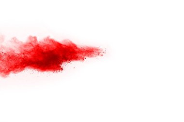 Beyaz arka planda izole edilmiş kırmızı barutun patlaması hareketsiz. Kırmızı toz bulutunun soyut tasarımı. Parçacık patlaması ekran koruyucusu, duvar kağıdı