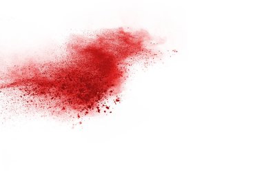 Beyaz arka planda izole edilmiş kırmızı barutun patlaması hareketsiz. Kırmızı toz bulutunun soyut tasarımı. Parçacık patlaması ekran koruyucusu, duvar kağıdı