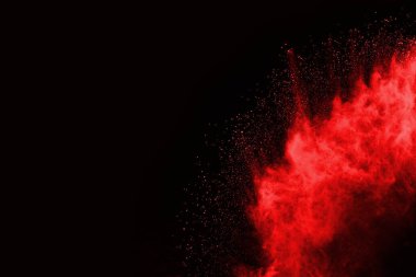 Siyah arka planda soyut kırmızı toz patlaması. Siyah arka planda soyut kırmızı toz sıçramış. Patlayan kırmızı barutun hareketsiz hareketi.