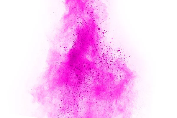 Soyut pembe toz sıçramış arkaplan, patlayan renk tozunun hareketsiz hareketi / renk pudrası, beyaz arkaplanda renk parıltısı dokusu.