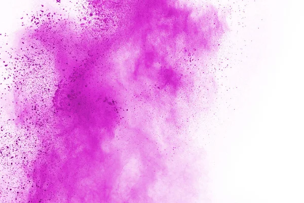 Soyut pembe toz sıçramış arkaplan, patlayan renk tozunun hareketsiz hareketi / renk pudrası, beyaz arkaplanda renk parıltısı dokusu.