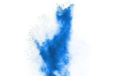 Beyaz arka planda mavi renkli toz patlaması. Renkli bulut. Renkli toz patlar. Boya Holi.