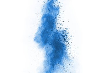 Beyaz arka planda mavi renkli toz patlaması. Renkli bulut. Renkli toz patlar. Boya Holi.