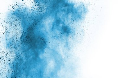 Beyaz arka planda mavi renkli toz patlaması. Renkli bulut. Renkli toz patlar. Boya Holi.