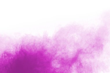 Barut patlaması. Mor toz parçacığının beyaza izole edilmiş görüntüsü. Soyut arkaplan.