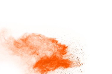 Beyaz arka planda turuncu toz patlaması. Renkli bulut. Renkli toz patlar. Boya Holi.