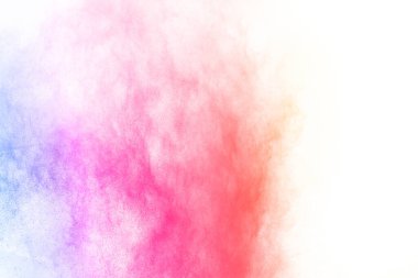 Soyut barut sıçramış arka plan. Beyaz arka planda renkli barut patlaması. Renkli bulut. Renkli toz patlar. Boya Holi.