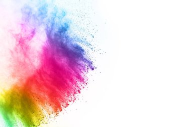 Soyut barut sıçramış arka plan. Beyaz arka planda renkli barut patlaması. Renkli bulut. Renkli toz patlar. Boya Holi.