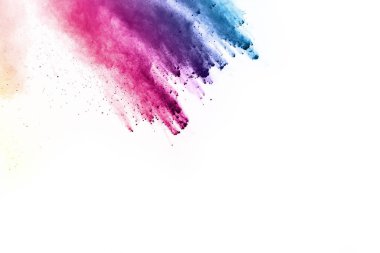 Soyut barut sıçramış arka plan. Beyaz arka planda renkli barut patlaması. Renkli bulut. Renkli toz patlar. Boya Holi.