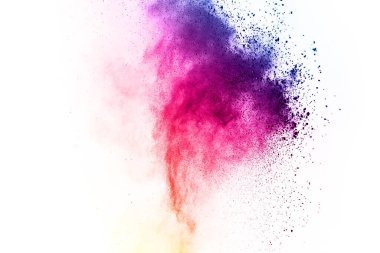 Soyut barut sıçramış arka plan. Beyaz arka planda renkli barut patlaması. Renkli bulut. Renkli toz patlar. Boya Holi.