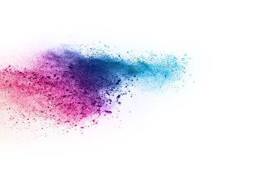 Soyut barut sıçramış arka plan. Beyaz arka planda renkli barut patlaması. Renkli bulut. Renkli toz patlar. Boya Holi.