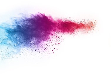 Soyut barut sıçramış arka plan. Beyaz arka planda renkli barut patlaması. Renkli bulut. Renkli toz patlar. Boya Holi.