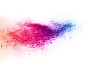 Soyut barut sıçramış arka plan. Beyaz arka planda renkli barut patlaması. Renkli bulut. Renkli toz patlar. Boya Holi.