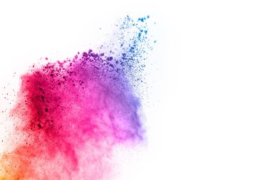 Soyut barut sıçramış arka plan. Beyaz arka planda renkli barut patlaması. Renkli bulut. Renkli toz patlar. Boya Holi.