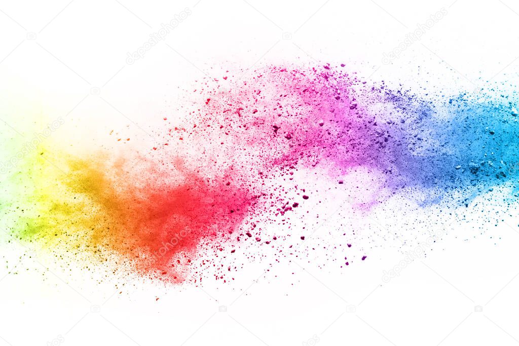 abstract powder splatted background. Colorful powder explosion on white background. Colored cloud. Colorful dust explode. Paint Holi.